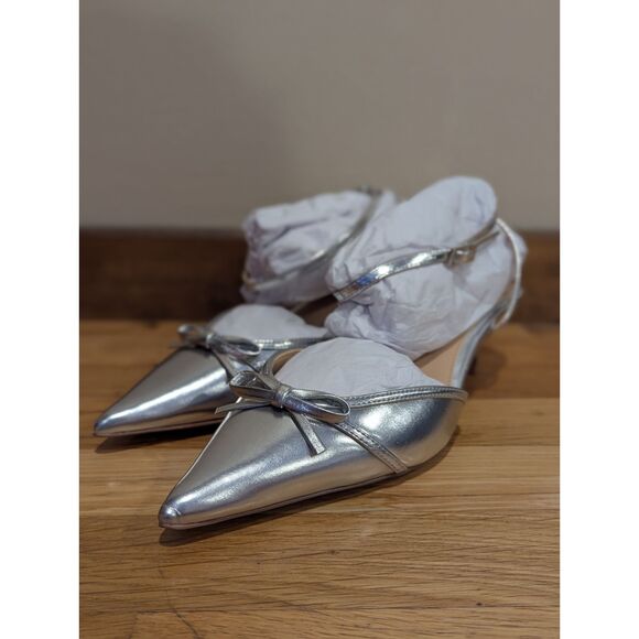 Jewel Badgley Mishka Talasia Pointed Toe Kitten Heels | Silver Metallic | Size 8 - Picture 15 of 16